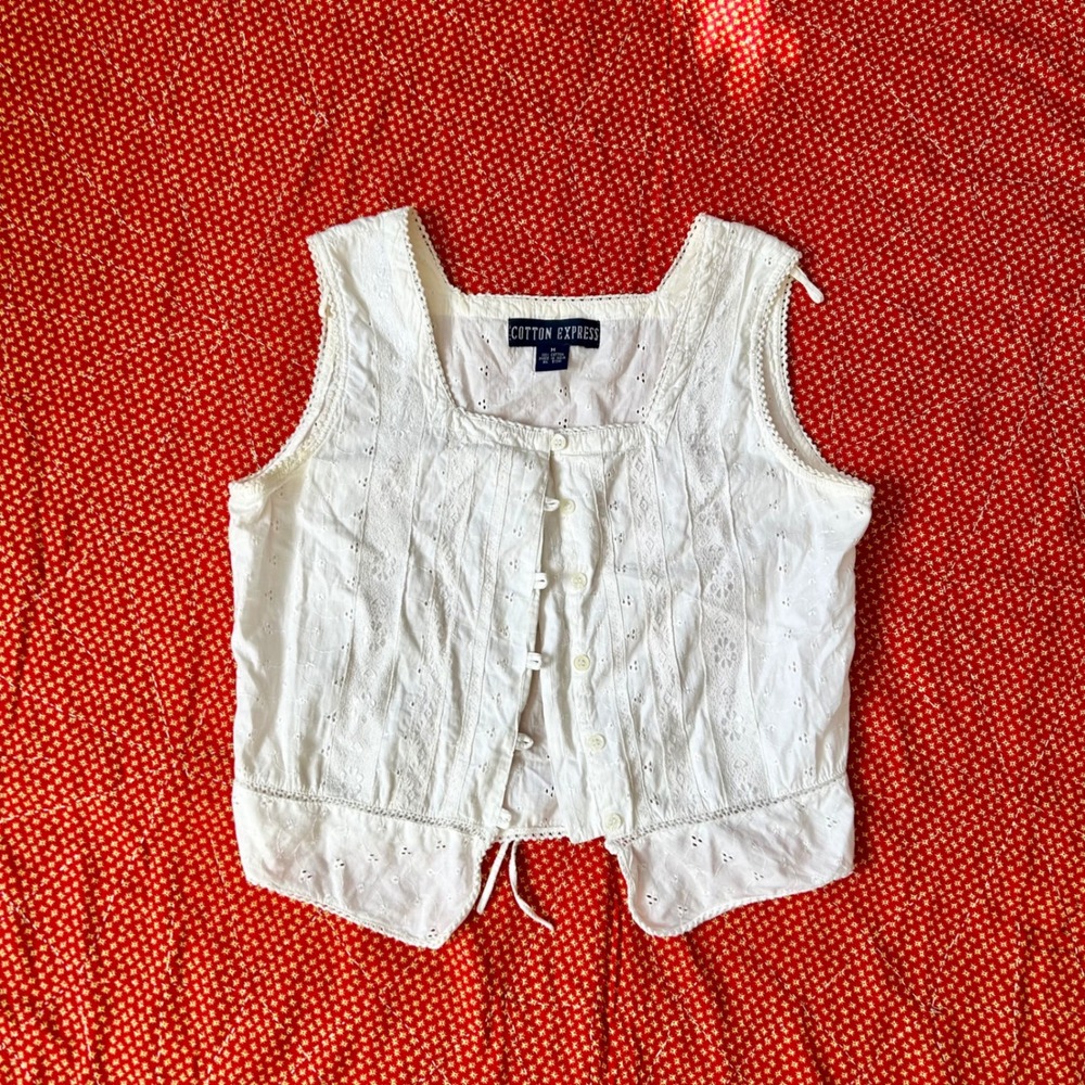 Vintage 90s does 1900s Cotton Express White Eyelet Button Up blouse Top Medium